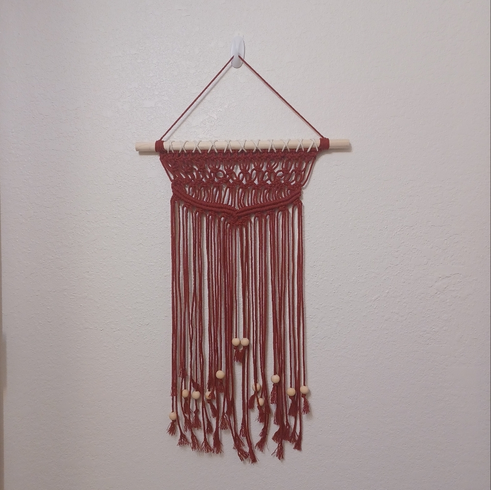 Maroon Macrame Wall Hanging Wooden Decor Beaded
